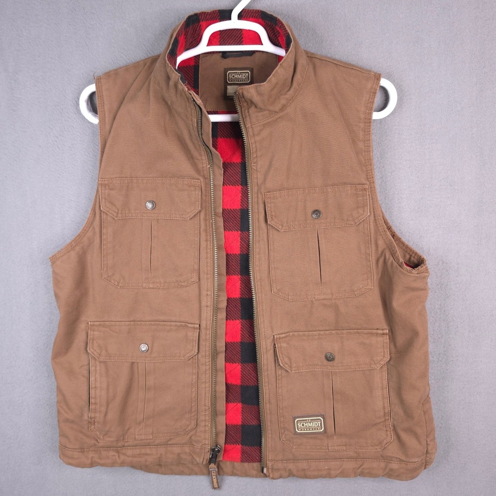 Schmidt Workwear Vest L Canvas Flannel Lined Brown Buffalo Plaid Cotton Duck